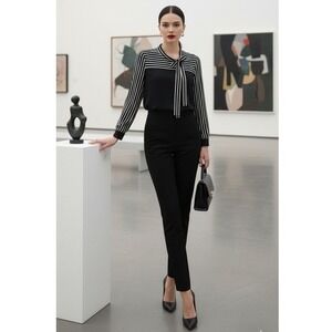 Allegra K Elegant Navy Striped Blouse with Tie Neck Detail Long Sleeve Top XS